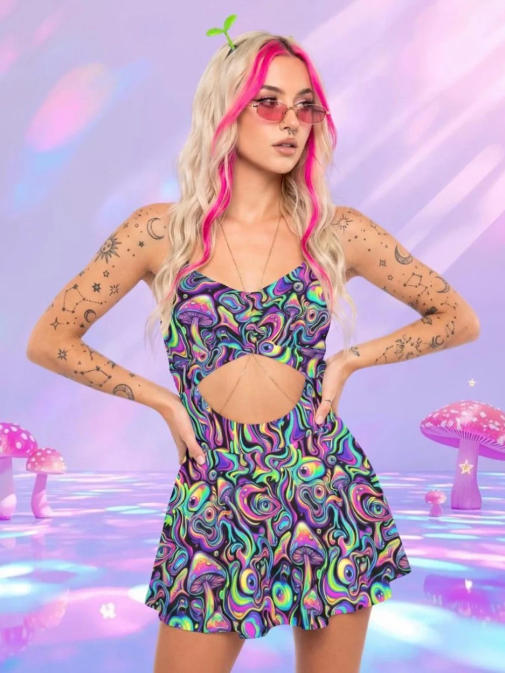 Neon Drip Rave Mini Dress: Trippy Mushroom EDM Festival Outfit - Picture 1 of 5